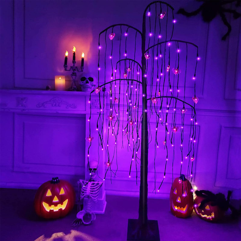 The Holiday Aisle® Halloween Willow Tree Decor with Timer Purple Lights